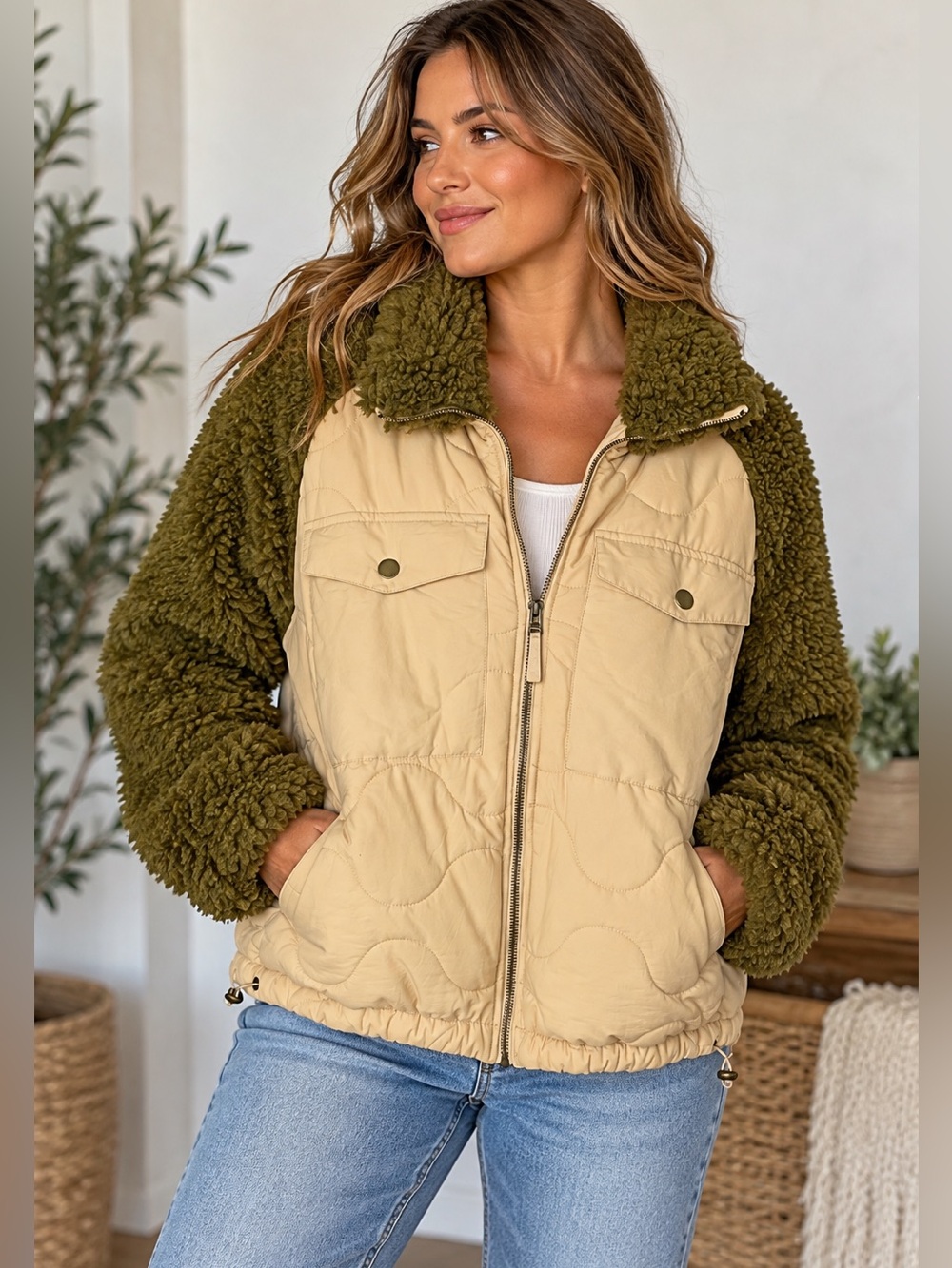 Universal Thread Women’s Sherpa Sleeve Quilted Puffer Jacket Olive Cream